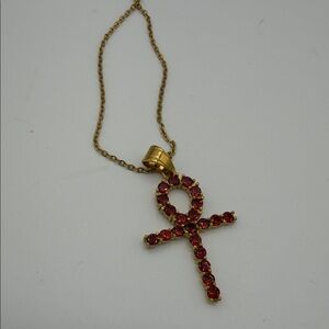 Gold Ankh Pendant Necklace with Red Accents
